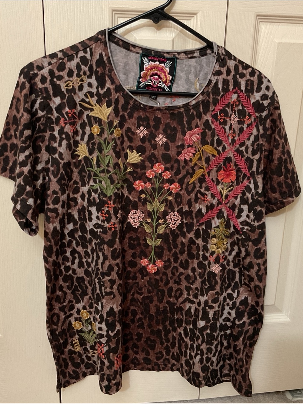 Johnny Was Brown Leopard-Print Embroidered Floral Tunic - Picture 2 of 3